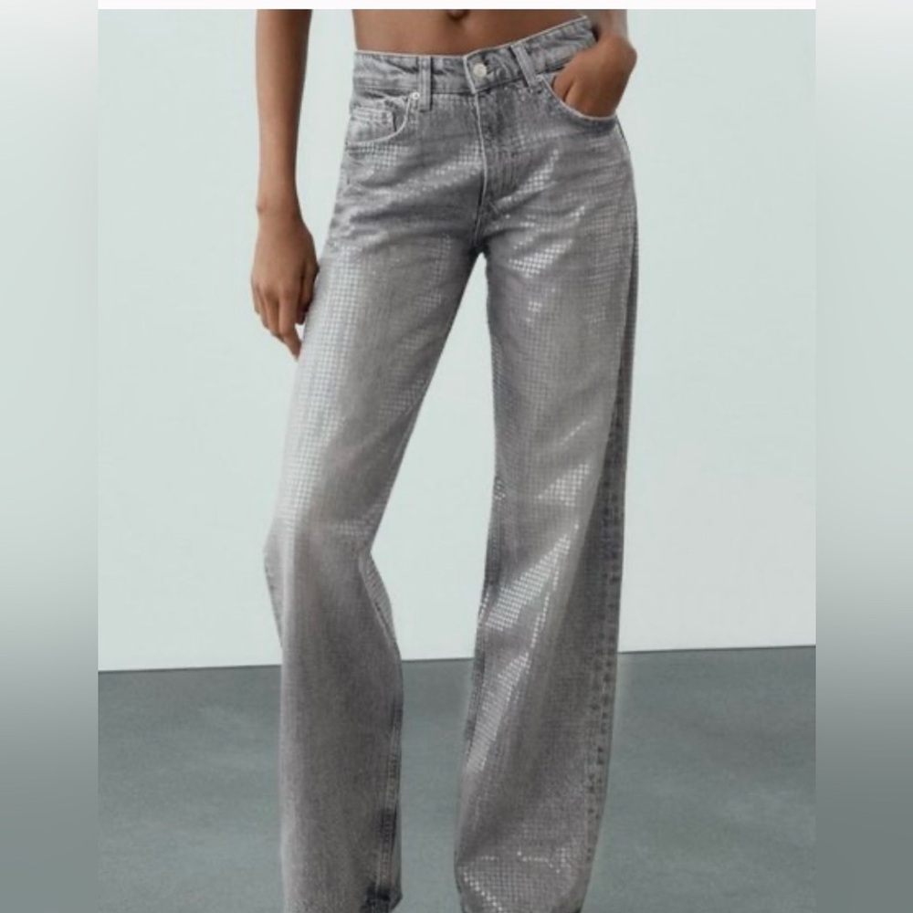 ✨Zara Light Gray Wide Leg Jeans w/ Sequin Appliqués